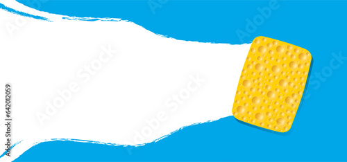 Yellow sponge wiping glass. window cleaning glass service. Windows cleanings tool icon or logo. Cartoon washes vector. Washing, clean or cleanup tools. Cleanliness concept, surface by dropping soap bu