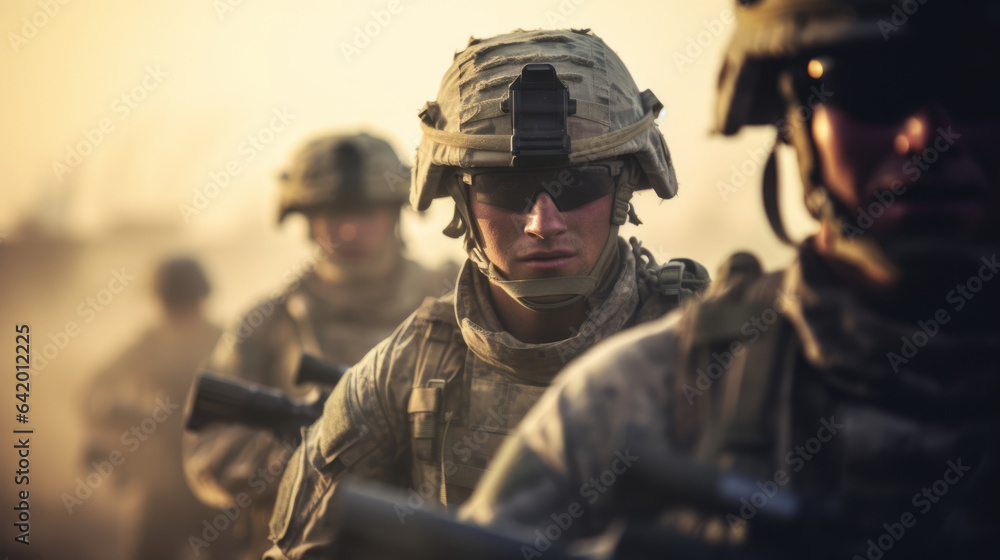 Group of several modern soldiers fully equipped facing the camera in a dusty and smoggy environment Group of several modern soldiers fully equipped facing the camera in a dusty and smoggy environment