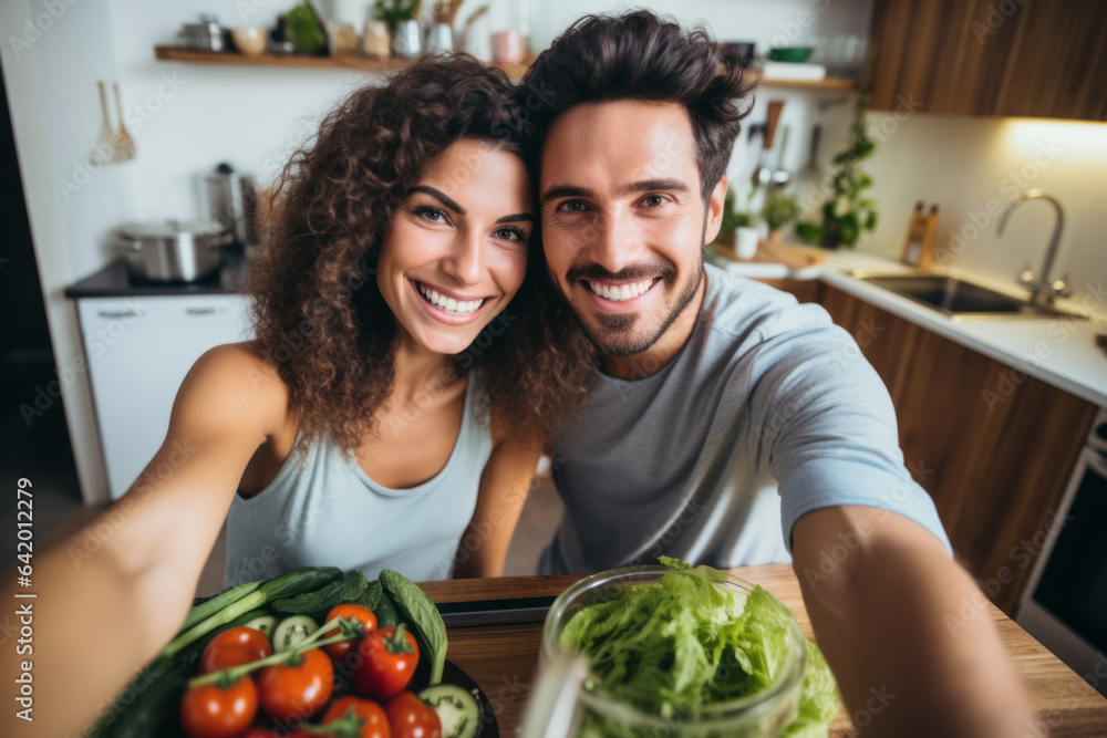 Selfie picture of young happy couple preparing healthy salad meal in their kitchen at home