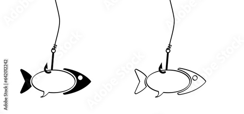 Fishhook or fish hook. Fish line pattern. Vector sea, ocean or water animal sign. fishing symbol. Cat food. Go fishing day. Speech bubble to speak message. Speaking clouds bubbles. i love fishing.
