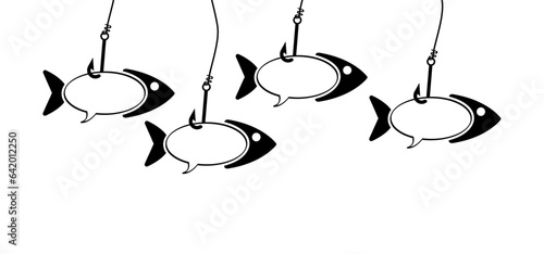 Fishhook or fish hook. Fish line pattern. Vector sea, ocean or water animal sign. fishing symbol. Cat food. Go fishing day. Speech bubble to speak message. Speaking clouds bubbles. i love fishing.