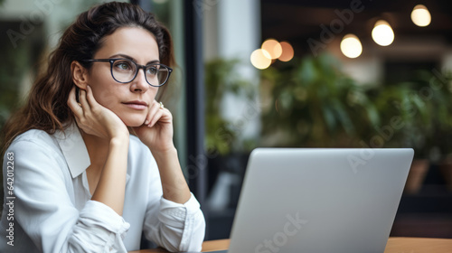 Pensive professional woman thinking at work in front of her laptop computer