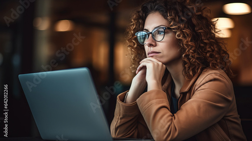 Pensive professional woman thinking at work in front of her laptop computer
