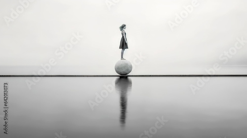 looking for balance and harmony, a woman on a round stone, black and white banner with copy space