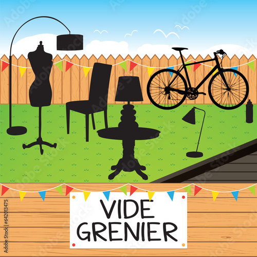 Vide-grenier. Illustration vectorielle colorée dans jardin particulier avec différents objets à la vente. 