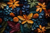 Collection of autumn decor with colorful leaves, top view