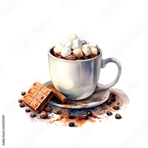 Watercolor cocoa with marshmallow watercolor