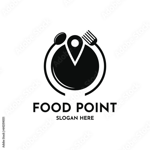 Food point logo design white spoon, fork and plate symbol with circle shape
