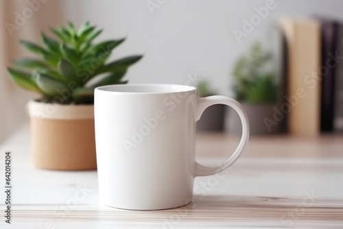 Blank white coffee mug mockup on work desk Generative AI.