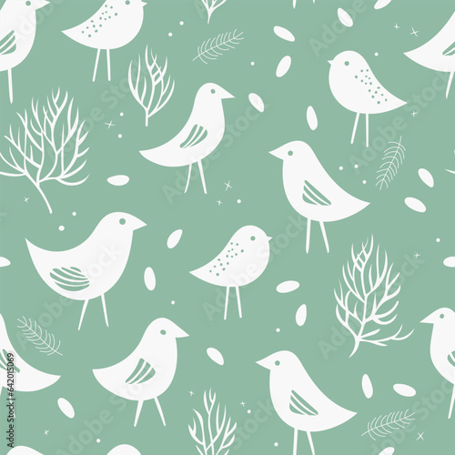 Seamless pattern with birds and plants. Light green wallpaper. Monochrome nature backgroung. .