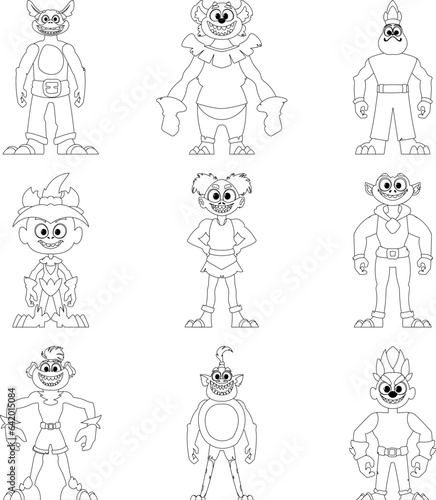 In a large group, there are lots of weird and amusing monsters. Childrens coloring page.