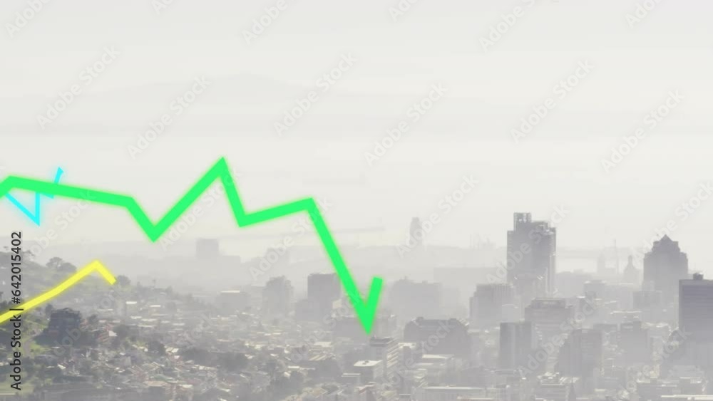 Animation of lines graphs moving over cityscape under cloudy sky Animation of lines graphs moving over cityscape under cloudy sky