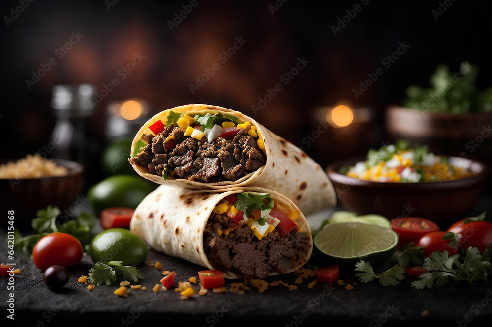 Beef burrito on dark background. Mexican food. Street fast food. Commercial promotional food photo
