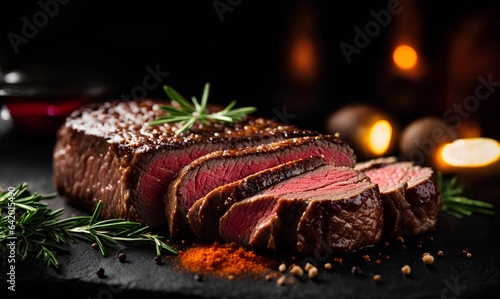 Juicy sliced steak medium rare beef with spices on dark background. Commercial promotional food photo