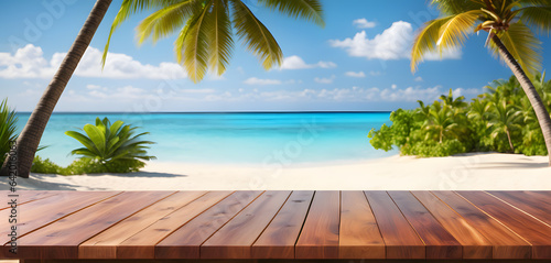 Wooden table top with the blurred tropical beach landscape for display or montage your products. AI generative.