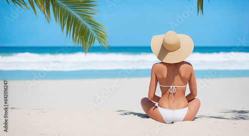 Tropical beach and back of woman for summer adventure, holiday and vacation. Travel mockup, ocean and female person relax on sand for tourism, traveling and getaway. Generative AI