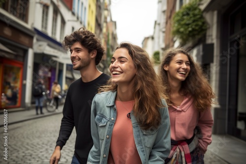 group of happy friends smiling, looking and walking on the street