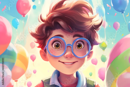 Boy with glasses. Portrait of happy smiling school age child wearing blue spectacles. Colorful balloons on background.