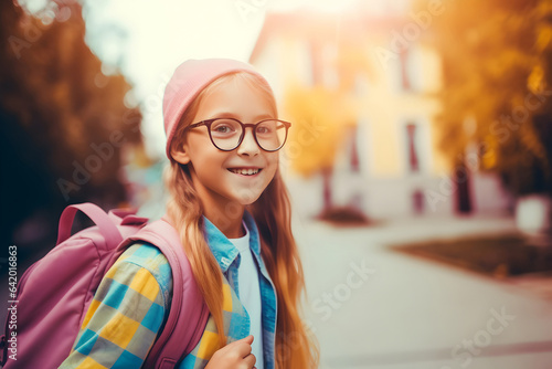 Student with backpack walking down the street. Half-length portrait of smiling school age girl wearing eyeglasses and pink knitted hat.