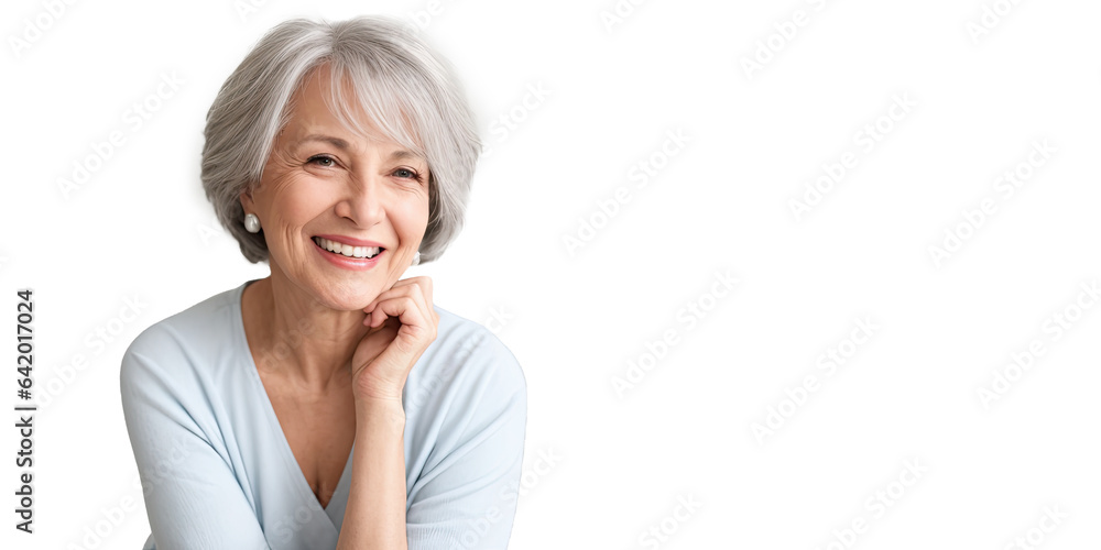 Beautiful 50 60 years old, beautiful elderly senior model woman with grey hair laughing and smiling isolated on white. Mature old lady close up portrait. Healthy face skin care beauty. Generative AI - obrazy, fototapety, plakaty 