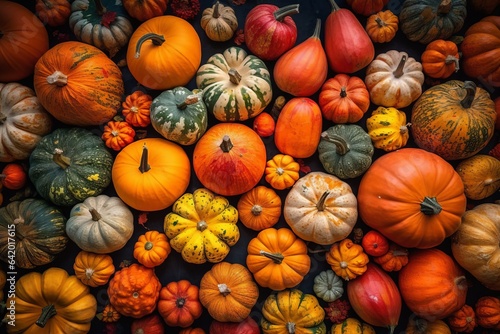 Various fresh ripe pumpkins as background, top view. Holiday decoration. Generative Ai.