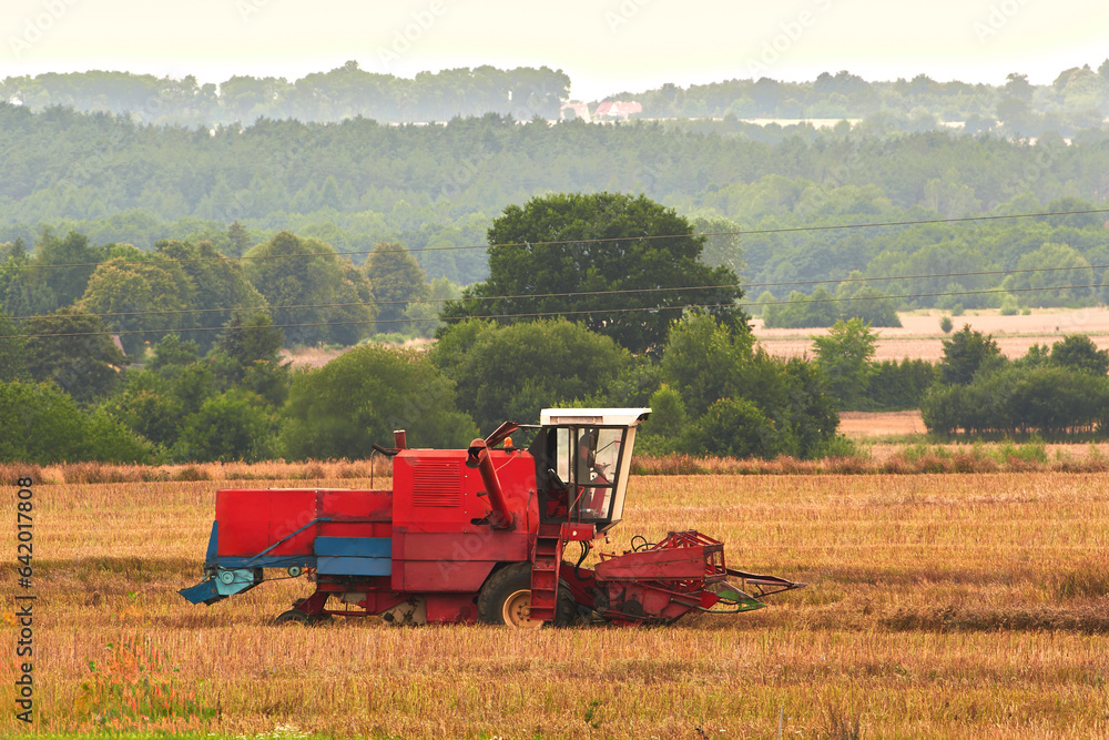 Obraz premium Tractor Cultivating Fields at Sunset. Combine harvester at work. Agricultural industrial. Golden Hour Farming.