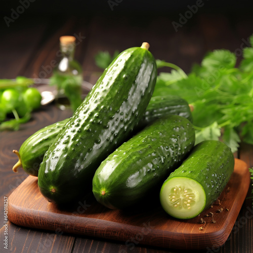 Tasty green cucumbers on wooden cutting board  isolated on white  ai technology