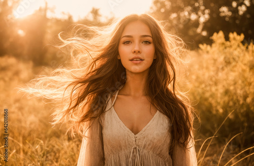 young woman in sunset backlit, long hair, mental health and harmony. Young woman smiling in beautiful sunset light. Generative AI