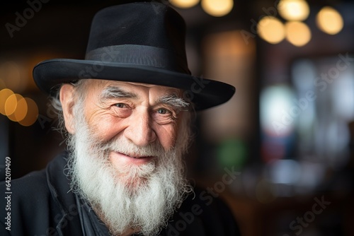 bearded old man wearing black hat and smiling at camera