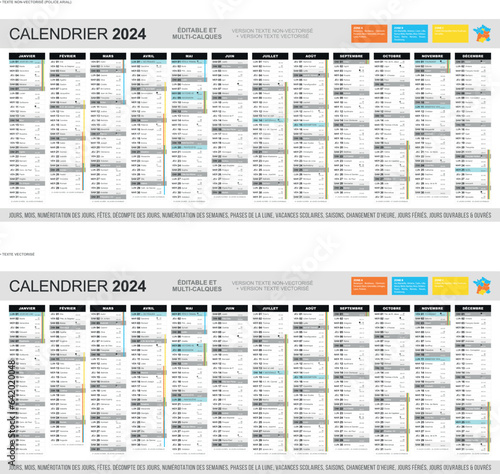Calendrier 2024 - Fichier éditable et multi-calques
