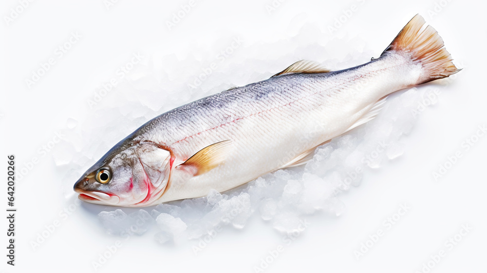 Fresh raw cod fish on ice. Seafood background. Generative AI