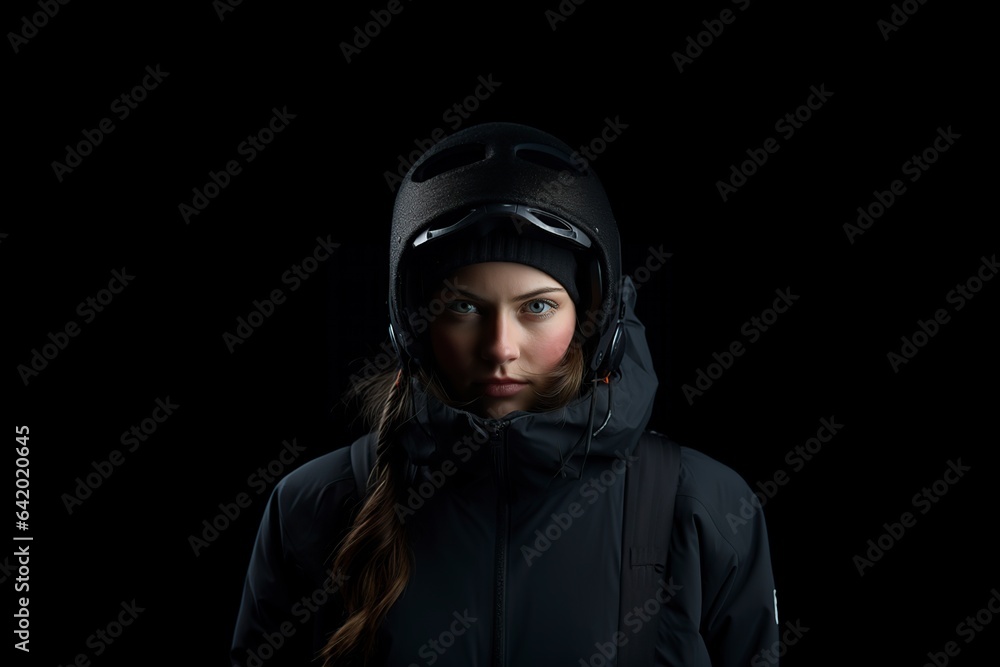 concentrated female skier stands posing for the camera concentrated female skier stands posing for the camera