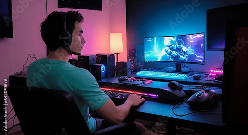 professional gamer. Teenage gamer play on pc in neon light. Gamer young man plays online video games computer and monitor. Online games using desktop PC. Generative AI