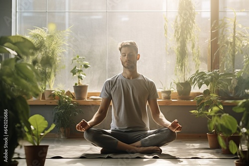 A young man in a training top t-shirt and joggers sitting in yoga asana lotus pose meditating in a sunlit room with green plants