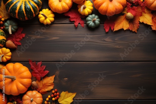 A festive autumn display featuring a variety of colorful pumpkins on a rustic wooden table
