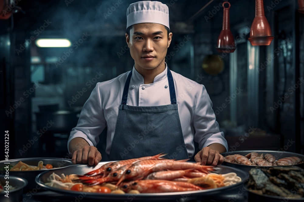 chinese man dressed as a chef looking at the camera