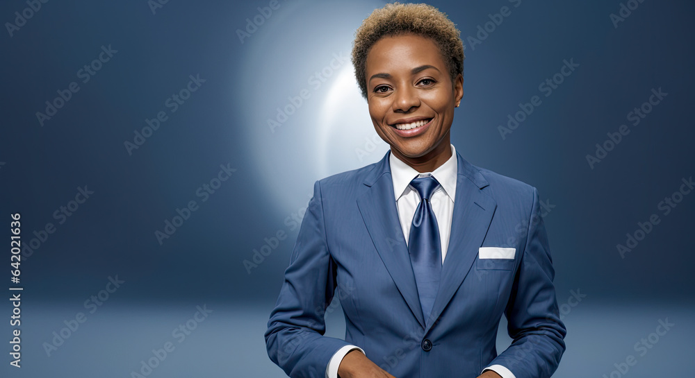 splash screen with portrait of popular woman talk show, news program or entertainment host in blue suit on blue background. attractive middle aged african woman. Generative AI - obrazy, fototapety, plakaty 