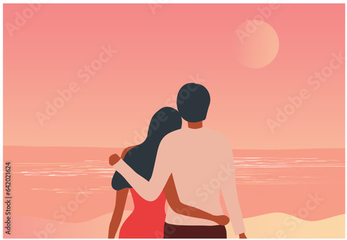 Loving couple embracing and looking  moon on the beach in sunset sky background vector illustration. Love, happy valentine's day, honeymoon and wedding concept