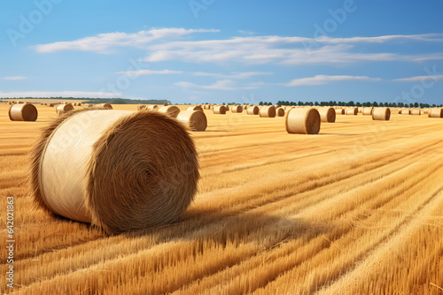 Stampa su tela Wheat Harvest Landscape, straw bales in august