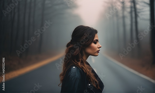 A woman on the road in a foggy early morning looking for her way