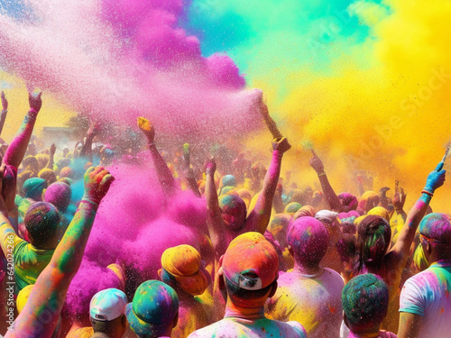 "Holi Spectacular: Colorful Powder Paint Soars as Diverse Crowd Celebrates with Joyful Abandon at Festival Event. Dynamic Burst of Colors and Unity in Motion."