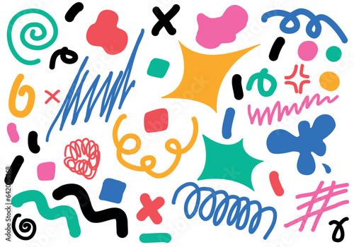 Set of colorful hand painted various shapes, curls, forms, brush strokes and doodle objects. Abstract modern minimalist trendy vector illustration.