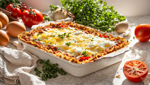 Appetizing lasagna with tomatoes, herbs on an old background