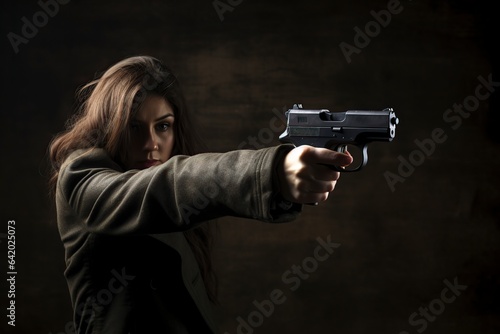 violent woman pointing a gun
