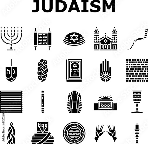 judaism jewish jew israel torah icons set vector. synagogue holocaust, hebrew israeli, kippur hanukkah, yom shofar, pray star candle judaism jewish jew israel torah glyph pictogram Illustrations