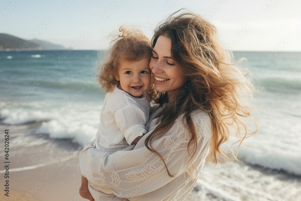 young mother with her son in her arms walking on the beach young mother with her son in her arms walking on the beach
