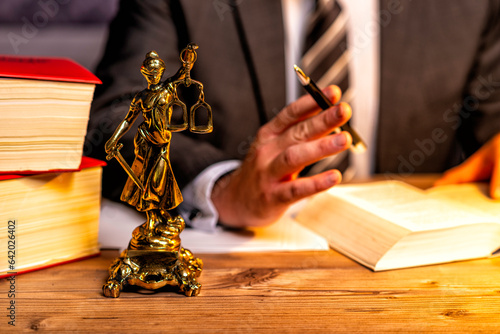 office of a lawyer with statue of Lady Justice, goddess Justitia, on the desk