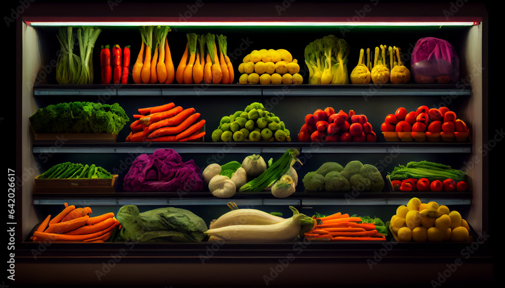 Stall with fruits and vegetables, Vegetables on shelf in supermarket, Ai generated image