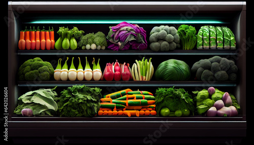 Stall with fruits and vegetables, Vegetables on shelf in supermarket, Ai generated image photo