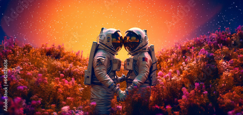 Two astronauts in space suits and helmet on kiss on a surface of a planet, in a field full of flowers and a big red sun in the background. Fantasy poster made using Generative AI.
